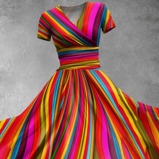 Pastel Rainbow Striped Colorblock/Flower Print V-Neck Short Sleeve Midi Big Swing Dress to 5X Plus Size