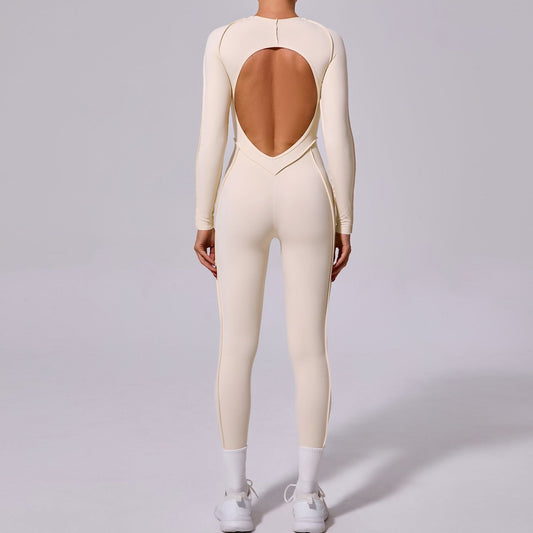Backless Hollow-Out Design Skin Tight Solid Color Long Sleeve Women's Fitness Jumpsuit