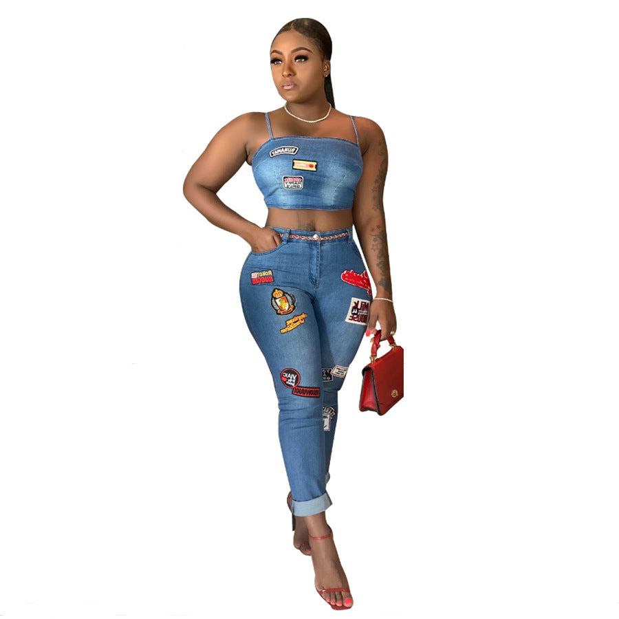 Denim Streetwear Cartoon Patchwork Design Women's Tube Top + Skinny Cuffed Jeans 2-Piece Set