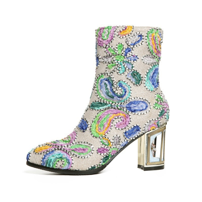 Paisley Floral Print Leather Women's Pointed Toe Metal Platform Heel Ankle Boots