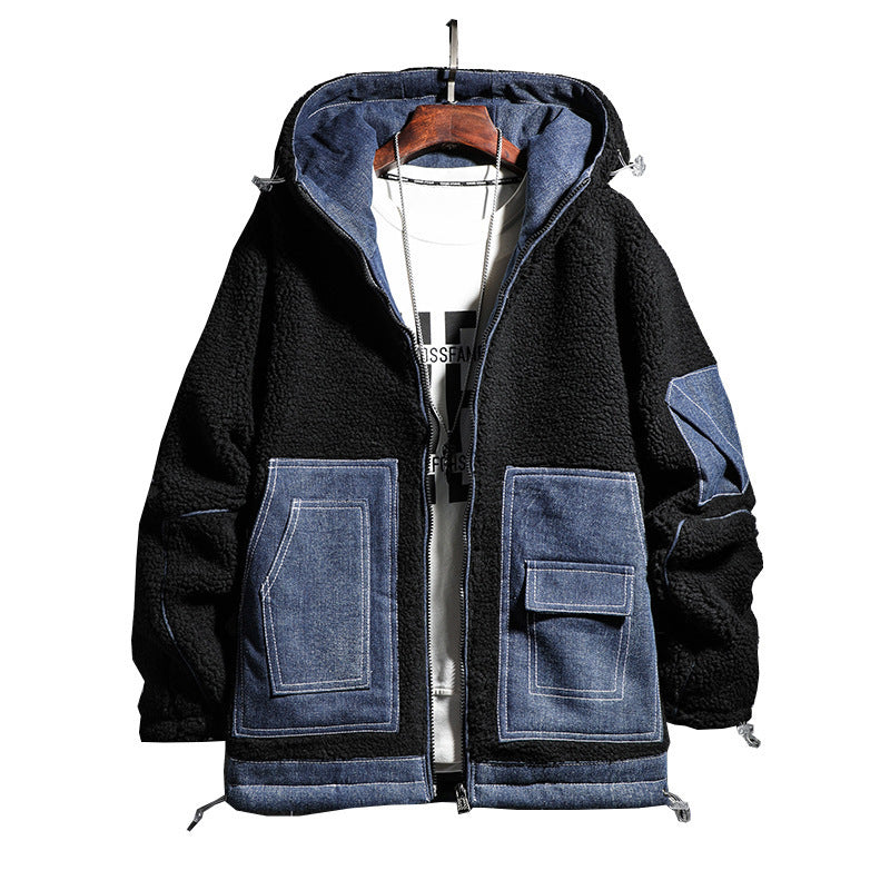 Men's Hip-Hop Denim Colorblock Patchwork Lamb Wool Hoodie Coat