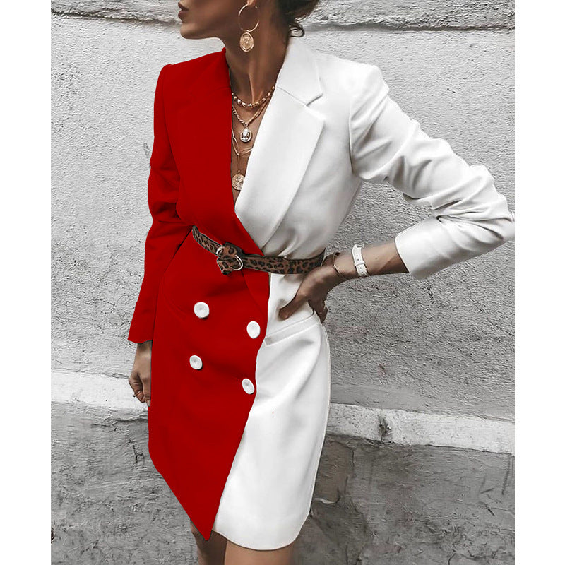 Colorblock 2-Tone Double Breasted Button Decor Long Sleeve Blazer Midi Office Dress