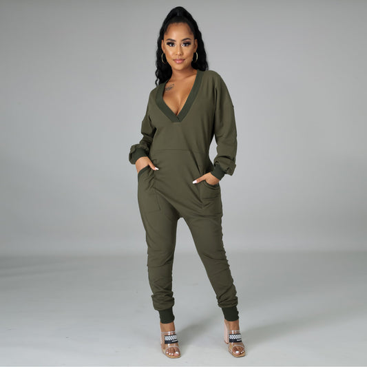 Deep V-Neck Long Sleeve Pocketed Women's Harem Pants Jumpsuit to 3X Plus Size