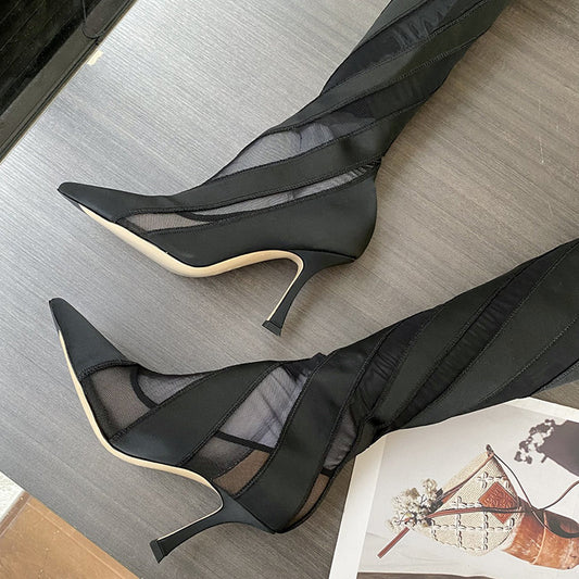 Pointed High Heel Elastic Thread Stitching Mesh Long Tube Over The Knee Boots