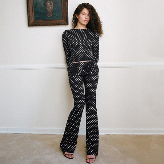 Black/White Long Sleeve Off-the-Shoulder Polka Dot Women's Shirt + Bootcut Leggings 2-Piece Set
