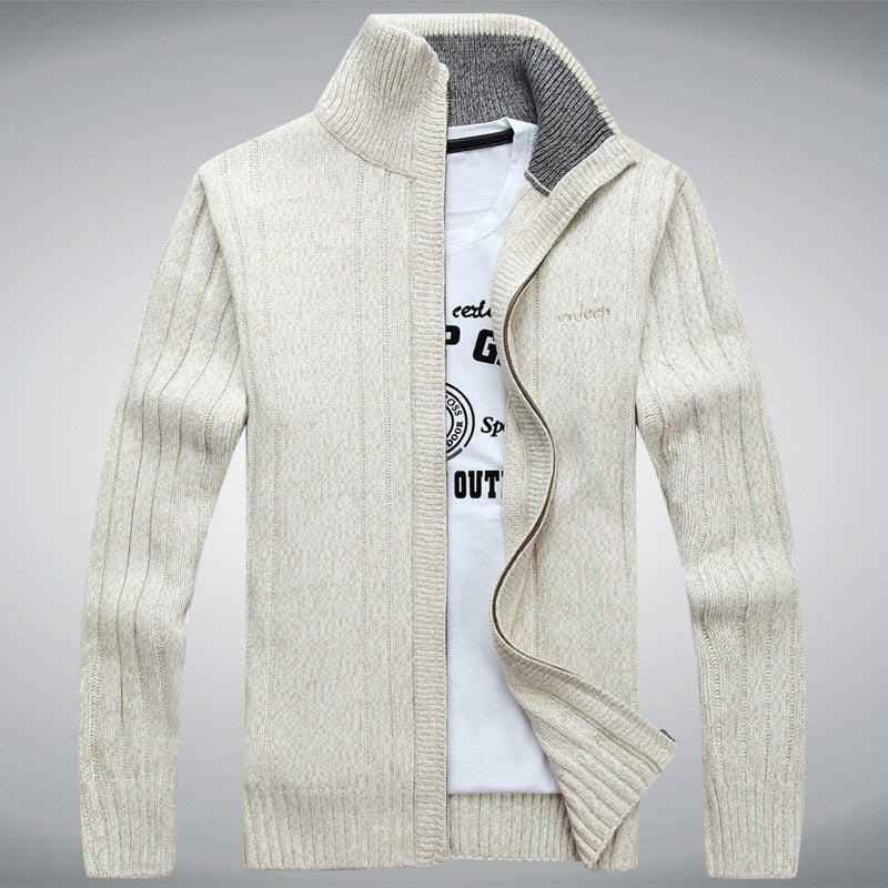 Men's Ribbed Fleece Lined Knitted Stand Collar Skinny Zipper Cardigan Sweater Jacket