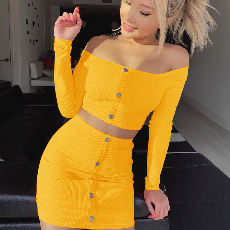 Off-the-Shoulder Solid Color Long Sleeve Crop Cardigan+ Mini Button-Up Skirt Women's 2-Piece Set to 3X Plus Size