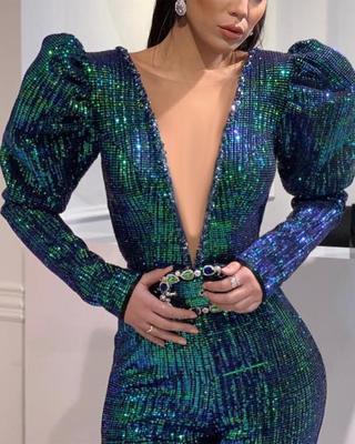 Satin Sparkling Sequin Lace Colorblock Balloon Sleeve Deep V-Neck Jumpsuit w/ Belt