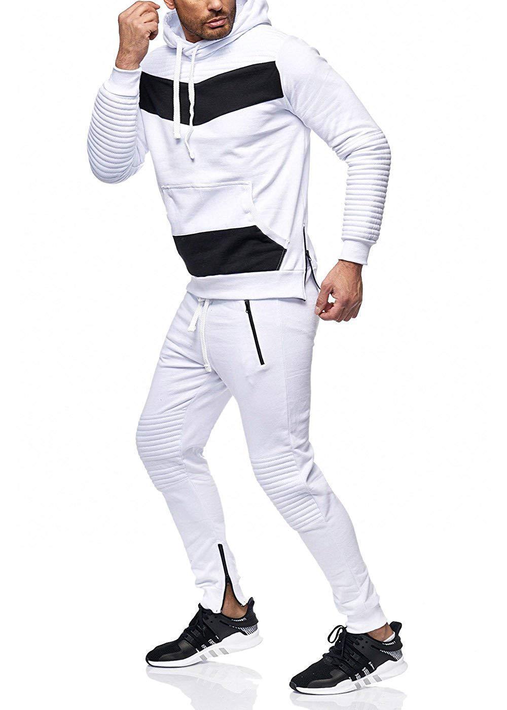 Men's Ribbed Colorblock Patchwork Hoodie Sweatshirt + Drawstring Zipper Pocket Jogger Sweatpants Tracksuit
