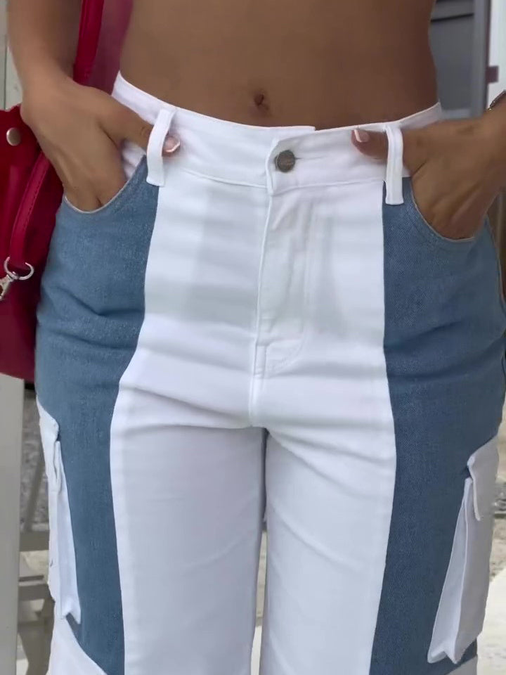 Color Contrast Colorblock White/Blue Pocketed Women's Streetwear Cargo Jeans