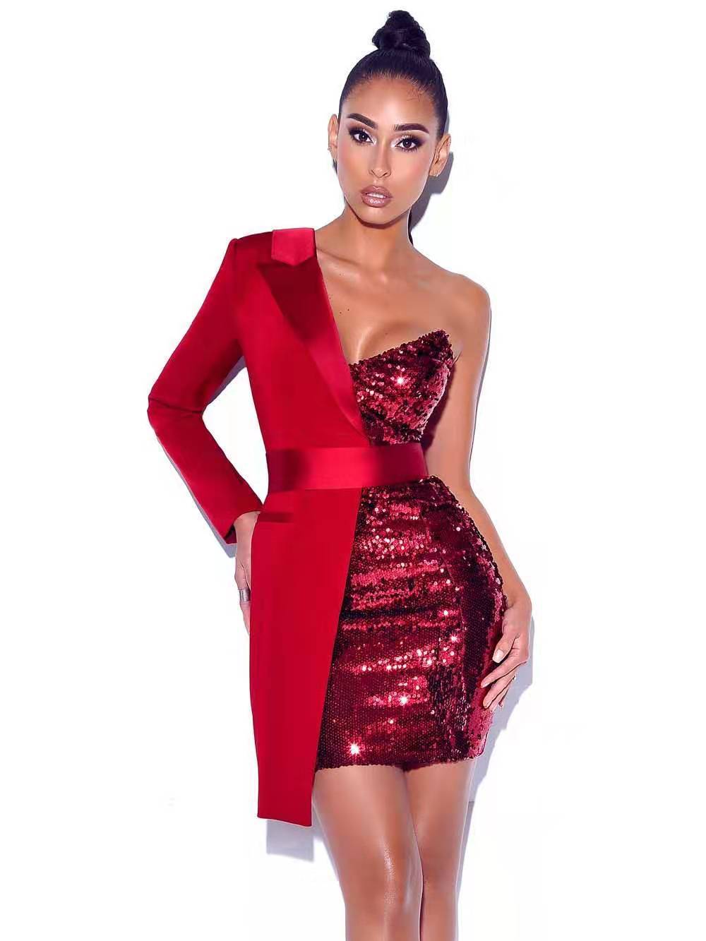 Sequin Sparkling Glitter Panelled Colorblock 2-Tone One Sleeve Formal Mini Party Dress
