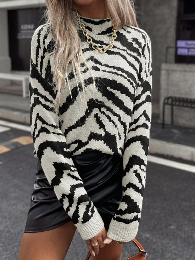 Zebra Print Loose Pullover Pattern Women's Knitted Sweater
