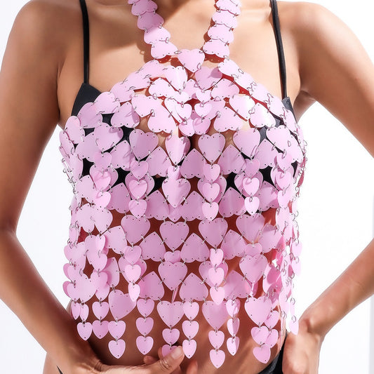 Heart Shaped Acrylic Paillette Love Tassel Loose Women's Pendant Halter Crop Top