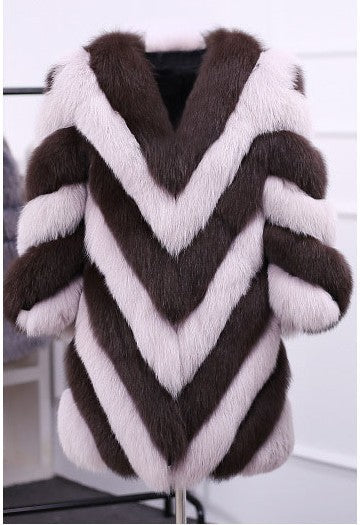 Faux Fur Diagnol Colorblock Striped Pattern Women's Coat to 4X Plus Size
