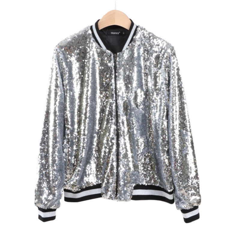 Sequin Black/Silver Striped Hem O-Neck Women's Long Sleeve Baseball Bomber Jacket