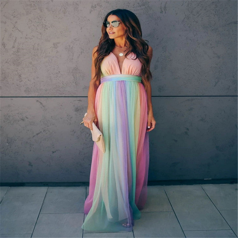 Rainbow Pastel Striped Colorblock Mesh Deep V-Neck Spaghetti Strap Dress to 3X Plus Size