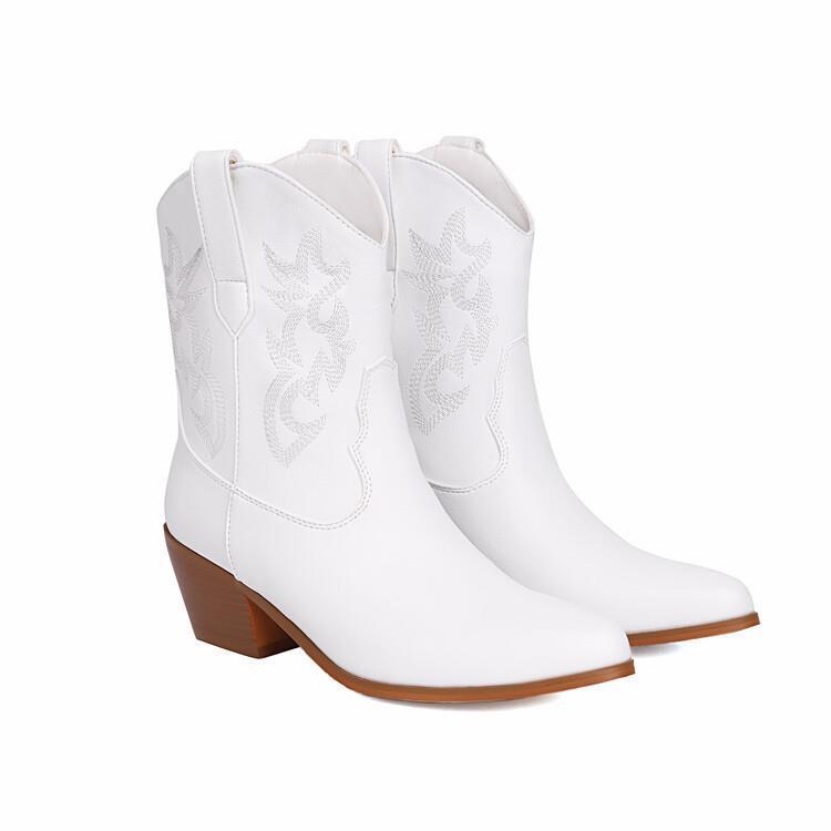 Metallic Patent Leather Embroidered Pointed Toe Chunky Heel Ankle Western Cowgirl Boots