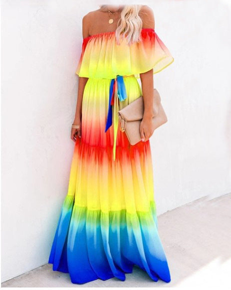 Rainbow Tie-Dye Colorblock Gradient Print Off-the-Shoulder Sleeveless Maxi Dress