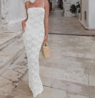 Lace Flower Collar Design Transparent Mesh Sleeveless Spaghetti Strap Formal Maxi Dress