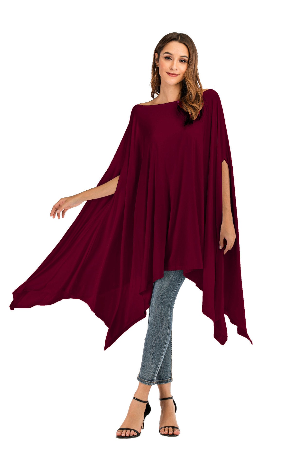 Irregular O-Neck Solid Color Batwing Sleeve Women's Maxi Shirt