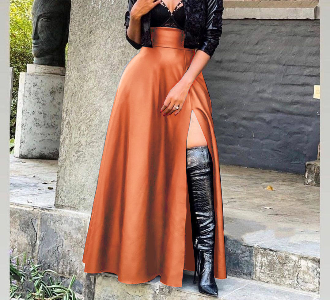 PU Leather Solid Color Women's High Slit Irregular Maxi Skirt