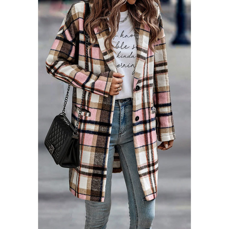 Plaid Print Oversized Women's Button-Up English Blazer Jacket