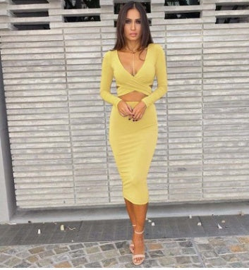 Bodycon Sexy V-Neck Hollow-Out Long Sleeve Skinny Solid Color Party Dress