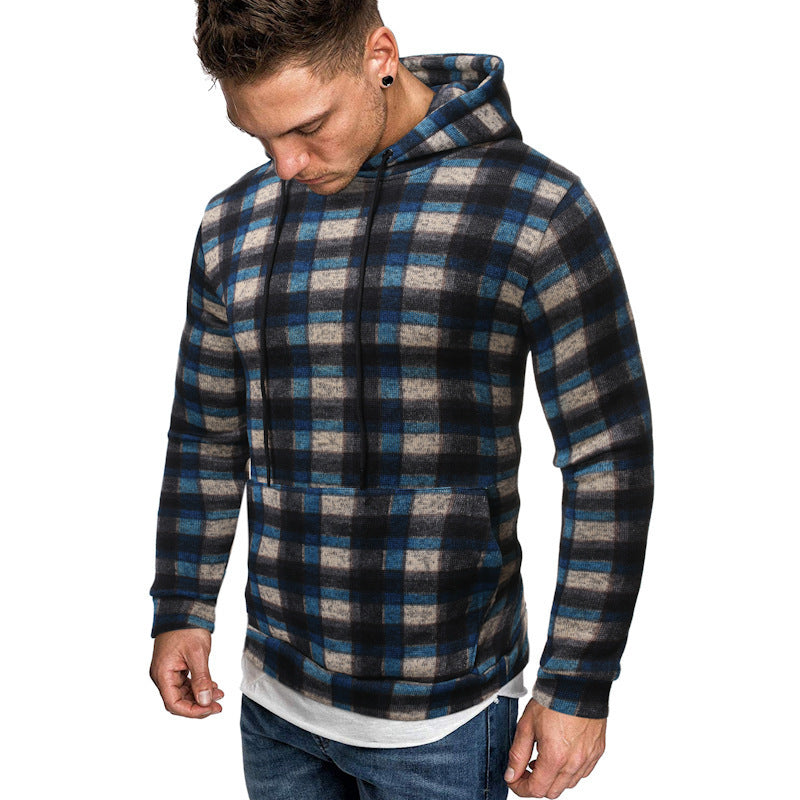 Men's Plaid Colorblock Checkered Print Cotton Hip-Hop Hoodie Sweatshirt