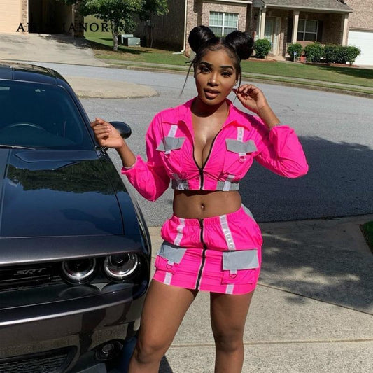 Neon Streetwear Crop Zipper Bomber Jacket + Mini Skirt 2-Piece Set