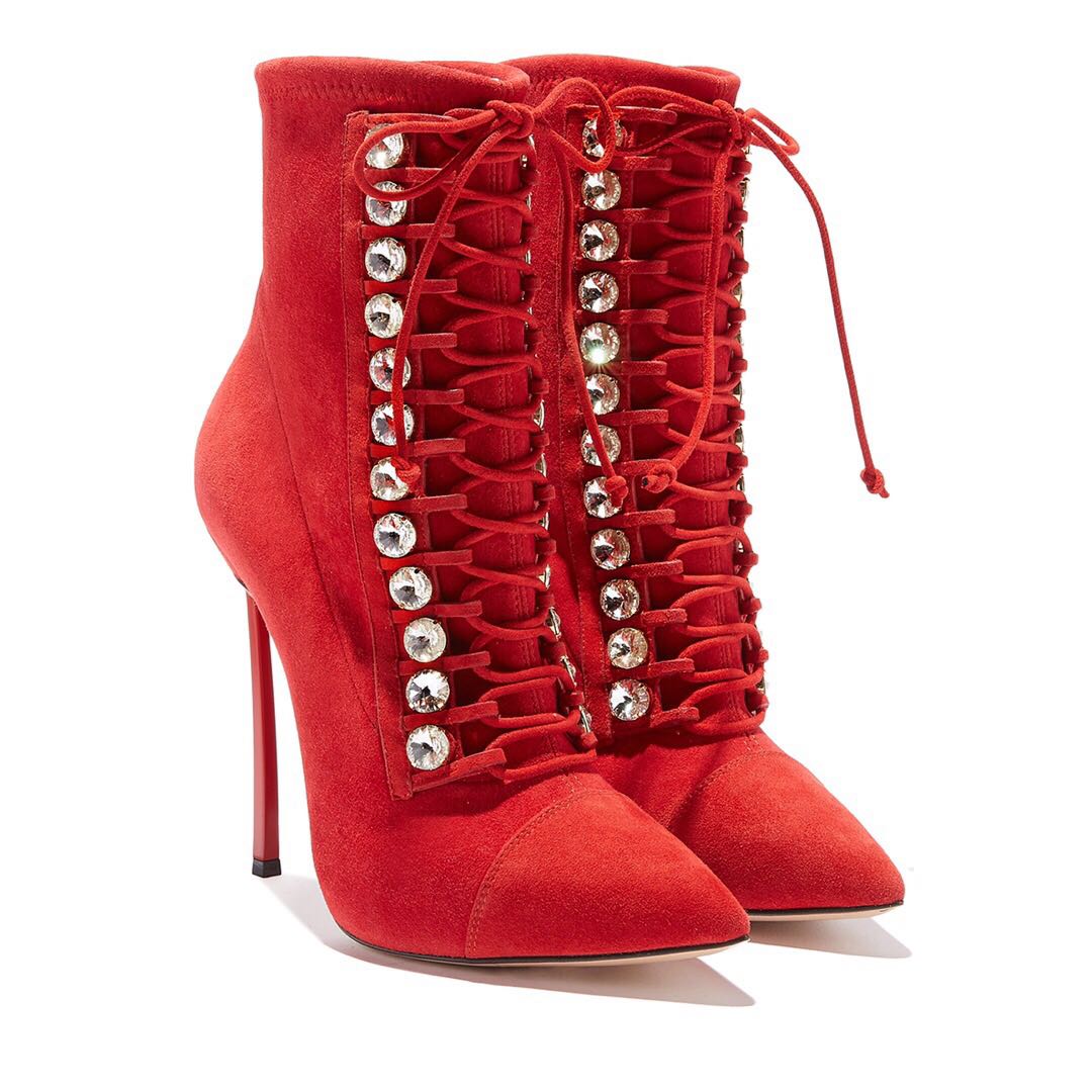 Rhinestone Design Lace-Up Thin Stiletto Heel Strap Drill Ankle Boots