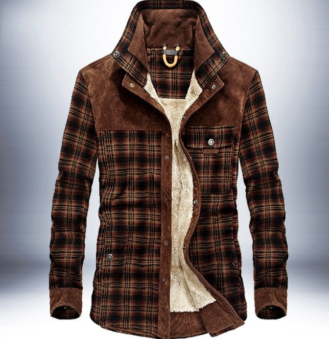 Men's Plaid Colorblock Fleece Lined Pure Cotton Button-Up Jacket