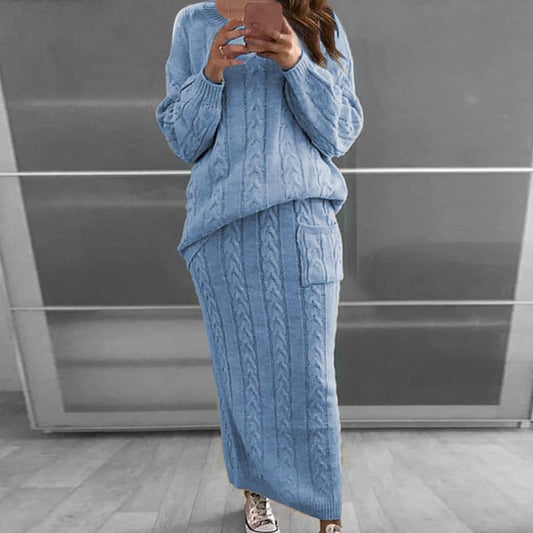 Twisted Weave Pattern Women's Long Sleeve Sweater + Maxi Skirt Knitted 2-Piece Set to 5X Plus Size