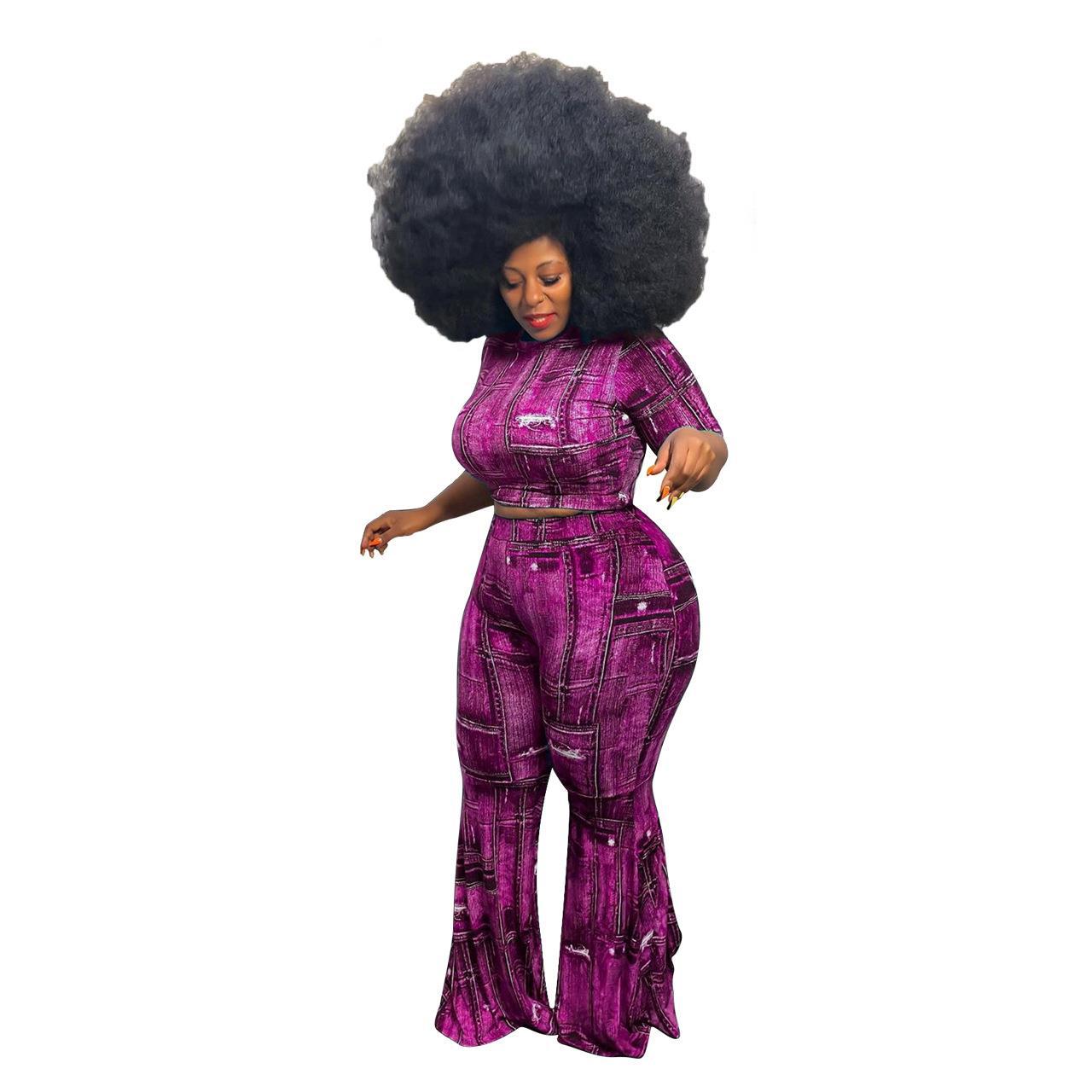 Faux Denim Geometric Colorblock Print Women's Short Sleeve Crop Top + Skin Tight Leggings 2-Piece Set to 4X Plus Size