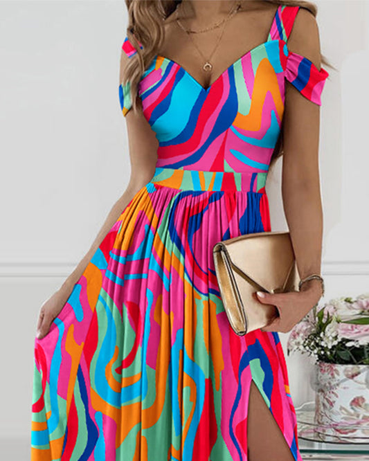 Hot Pink Rainbow Geometric Sleeveless Off-the-Shoulder High Slit Maxi Dress