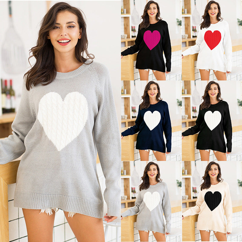Big Heart Design Knitted O-Neck Long Sleeve Pullover Women's Sweater