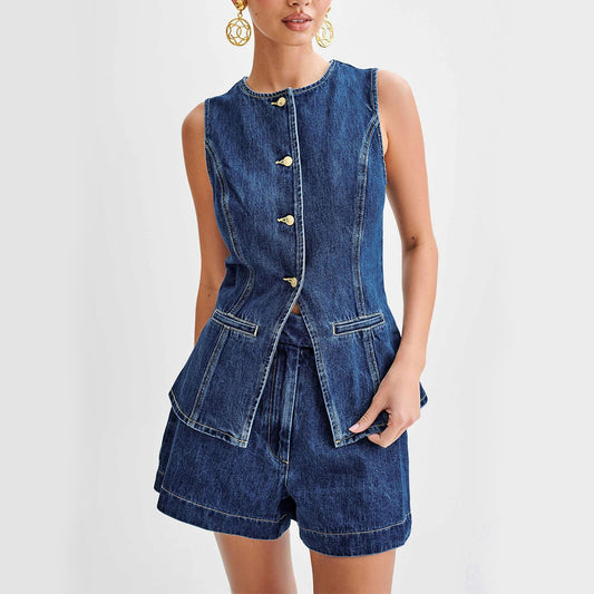 Dark Blue Denim Women's Sleeveless Button-Up Vest Jean Top + Jean Shorts 2-Piece Set