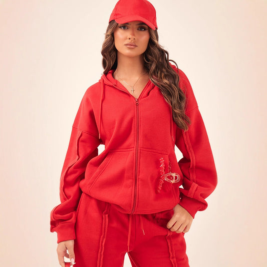 Casual Solid Color Women's Zipper Hoodie Jacket + Drawstring Pleated Sweatpants Tracksuit