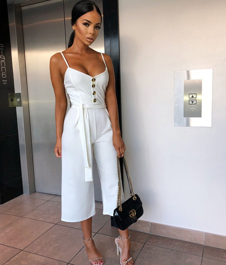 Sleeveless Halter Spaghetti Strap Solid Color Button-Up Capri Pants Romper