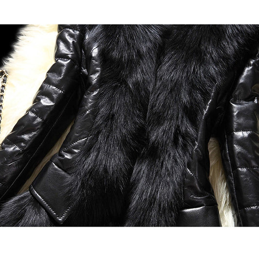 Black Shiny PU Leather Faux Fur Collar Women's Jacket