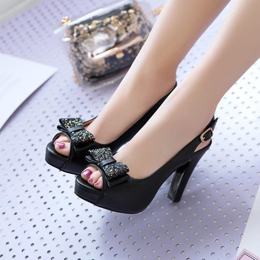 Bowknot Design Women's Peep Toe Slingback Shallow Mouth Thick Stiletto Heel Pumps