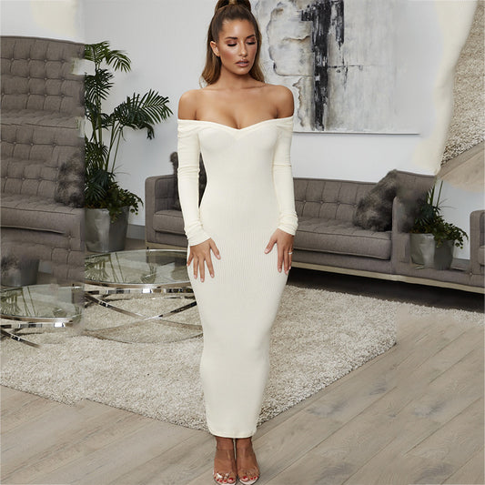 Ribbed Long Sleeve Solid Color Off-the-Shoulder V-Neck Maxi Dress