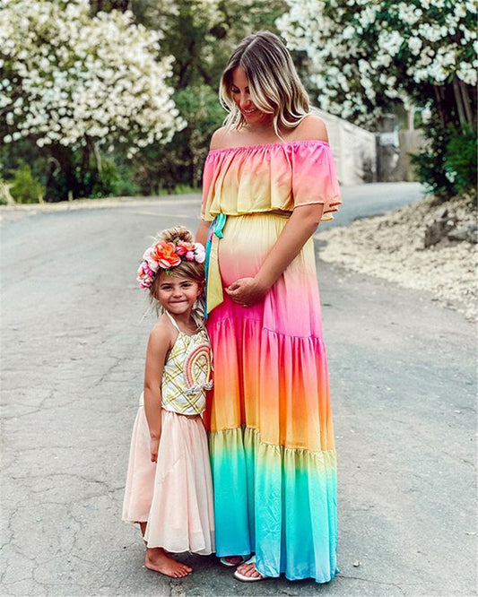 Rainbow Tie-Dye Colorblock Gradient Print Off-the-Shoulder Sleeveless Maxi Dress