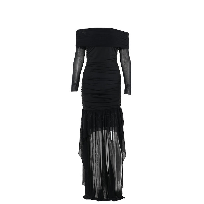 Black/White Ruffled Long Sleeve High-Low Flowing Train Pleated Ruched Off-the-Shoulder Formal Dress