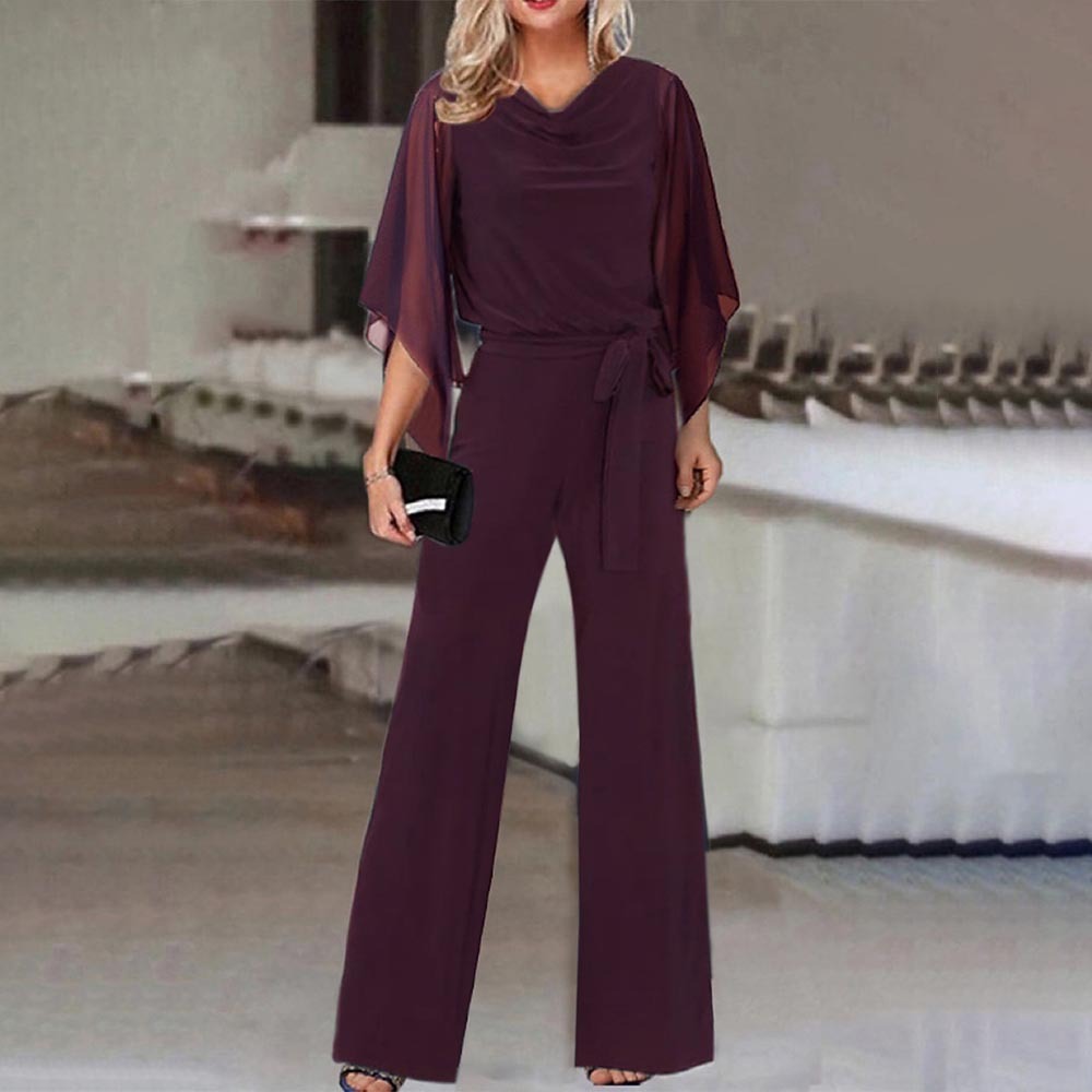Sheer Long Sleeve Solid Color Women's High Waist Lace-Up Wide Leg Pants Jumpsuit to 3X Plus Size