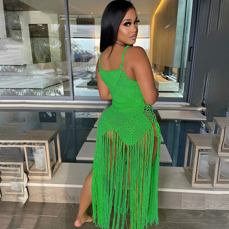 Tassel Fringe Detail Sleeveless Spaghetti Strap Skinny Transparent Maxi Dress