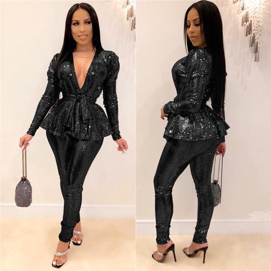 Metallic Sparkling Women's Low Cut Sash Belted Blazer Jacket + Pants Formal Party Suit