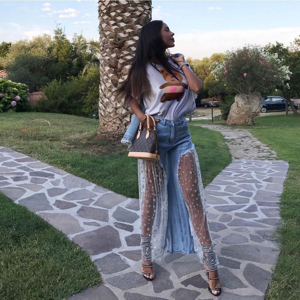 Denim Lace Tulle Hollow-Out Sheer Transparent Patchwork Design Women's Jeans