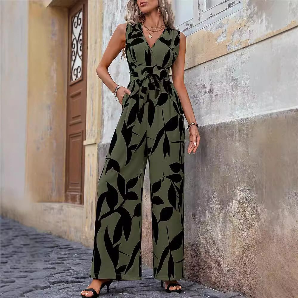 Sleeveless Colorblock Floral Leaf/Geometric Print V-Neck High Waist Lace-Up Women's Wide Leg Jumpsuit