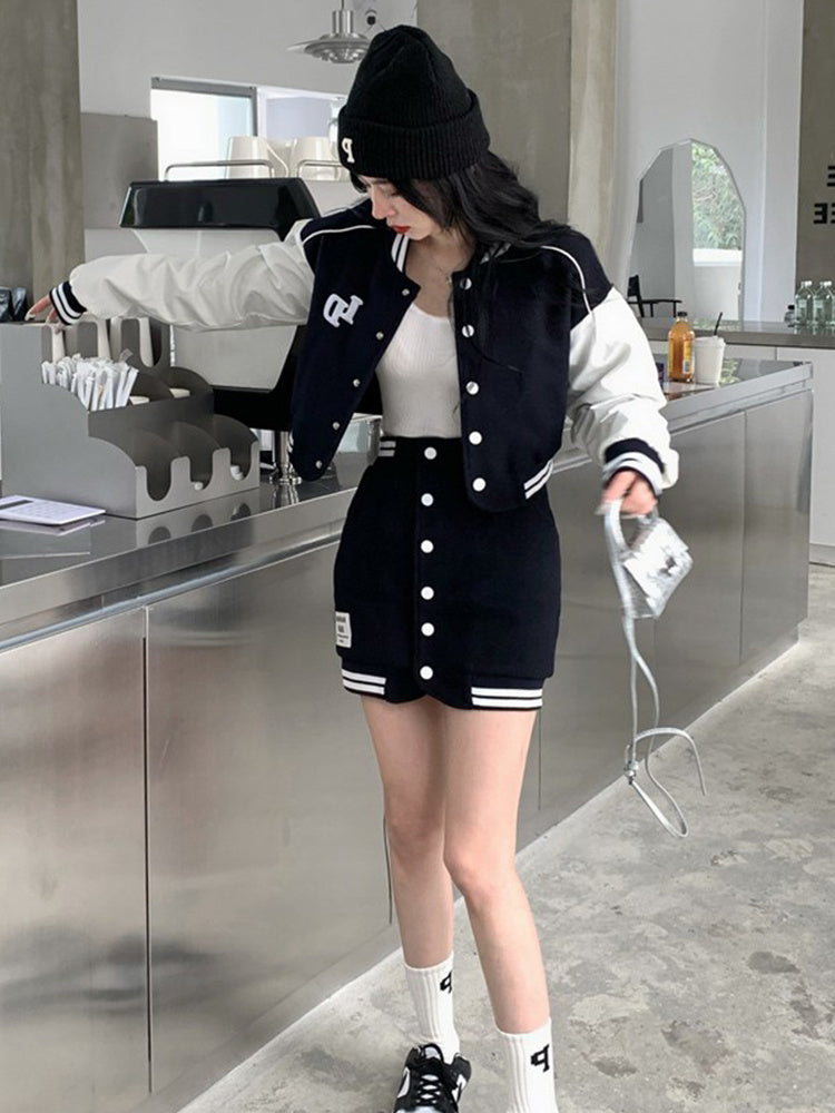 Black/White Button-Up Long Sleeve Striped Colorblock Cropped Varsity Baseball Bomber Jacket + Mini Skirt Women's 2-Piece Set to 4X Plus Size *SOLD AS SEPARATES*