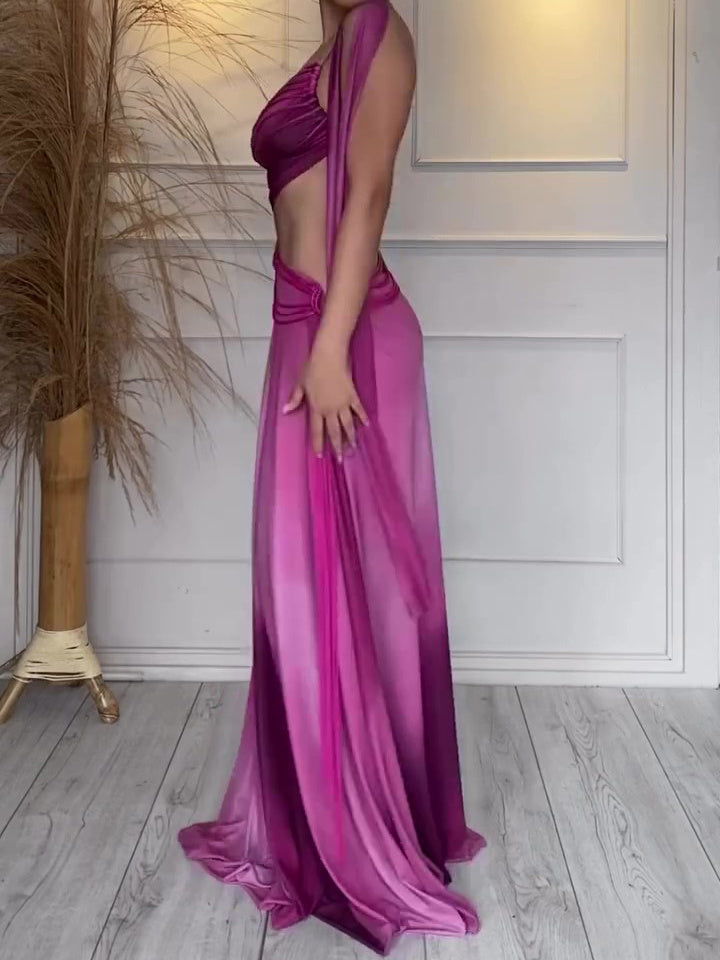 Purple Gradient Colorblock Hollow-Out Asymmetrical One Shoulder Formal Maxi Dress